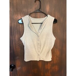 Womens Light Gray Ribbed Button Front Sleeveless Henley Knit Top Size Large